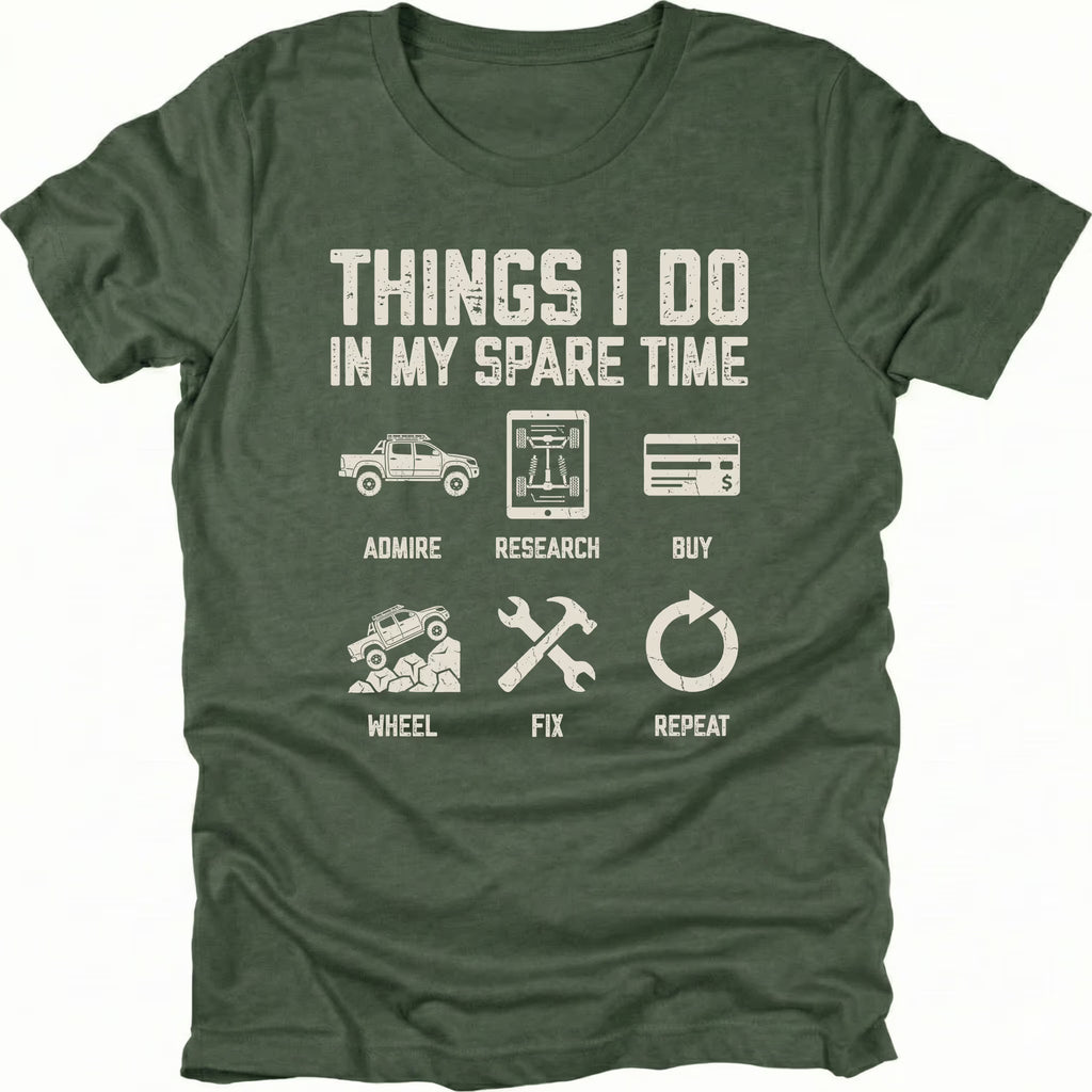 Moss T-Shirt with icons and text reading “Things I Do In My Spare Time” showing admire research buy wheel fix repeat on front view by Trail Snark.