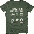 Moss T-Shirt with icons and text reading “Things I Do In My Spare Time” showing admire research buy wheel fix repeat on front view by Trail Snark.
