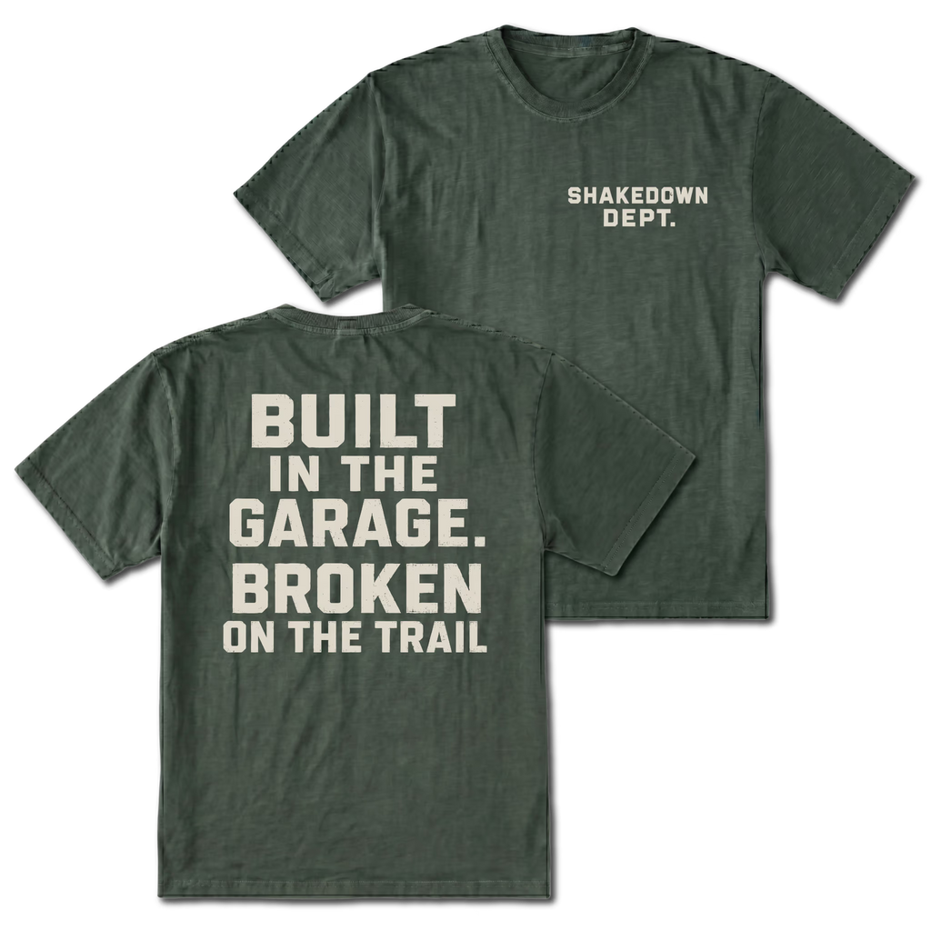 Moss T-shirt with Shakedown Dept front print and Built in the Garage Broken on the Trail back design shown front and back by Trail Snark.