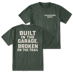 Moss T-shirt with Shakedown Dept front print and Built in the Garage Broken on the Trail back design shown front and back by Trail Snark.