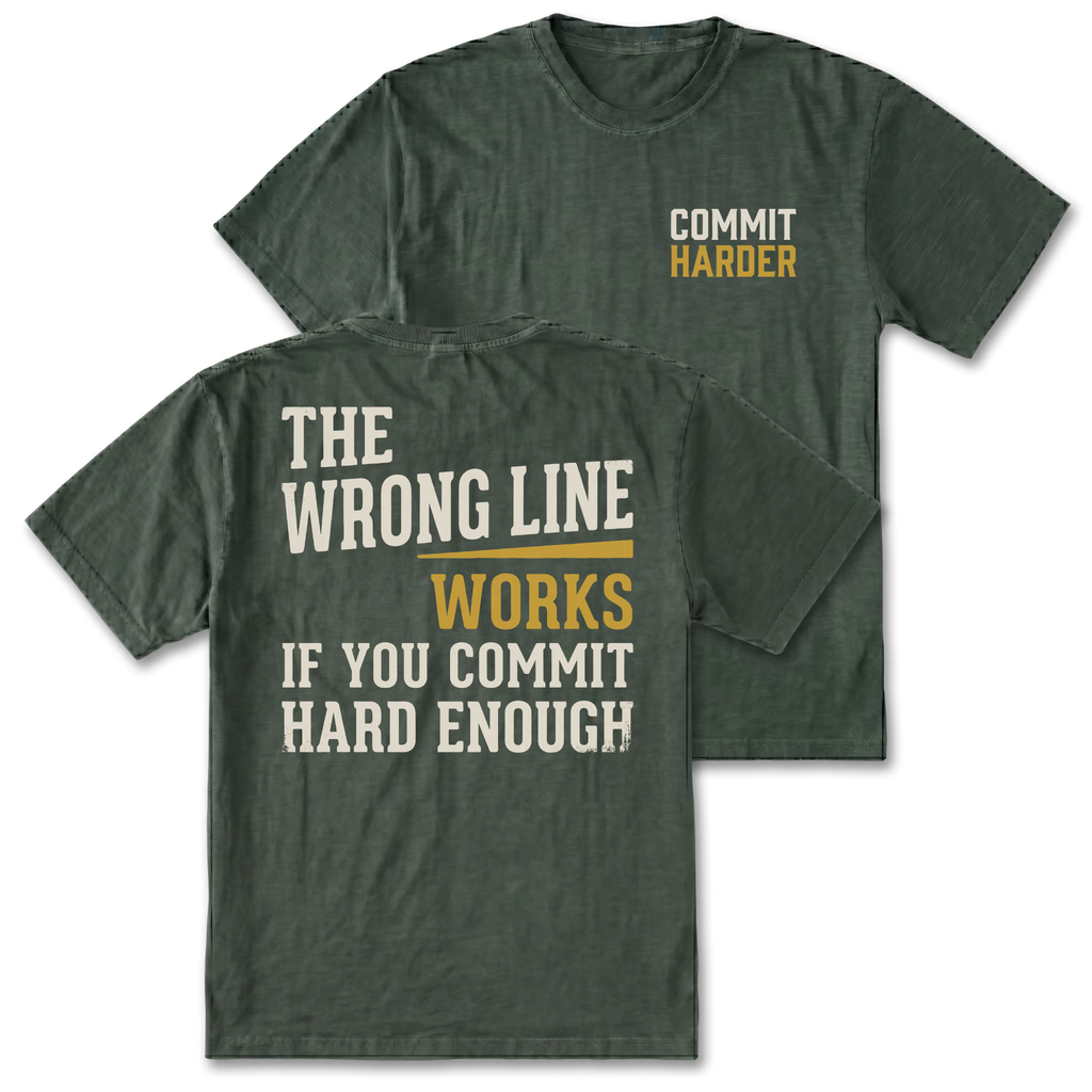 Two moss green graphic t-shirts shown on a plain white background, with the front and back views overlapping. The front has small text reading 'COMMIT HARDER' in cream and mustard yellow on the left chest.