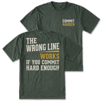 Two moss green graphic t-shirts shown on a plain white background, with the front and back views overlapping. The front has small text reading 'COMMIT HARDER' in cream and mustard yellow on the left chest.