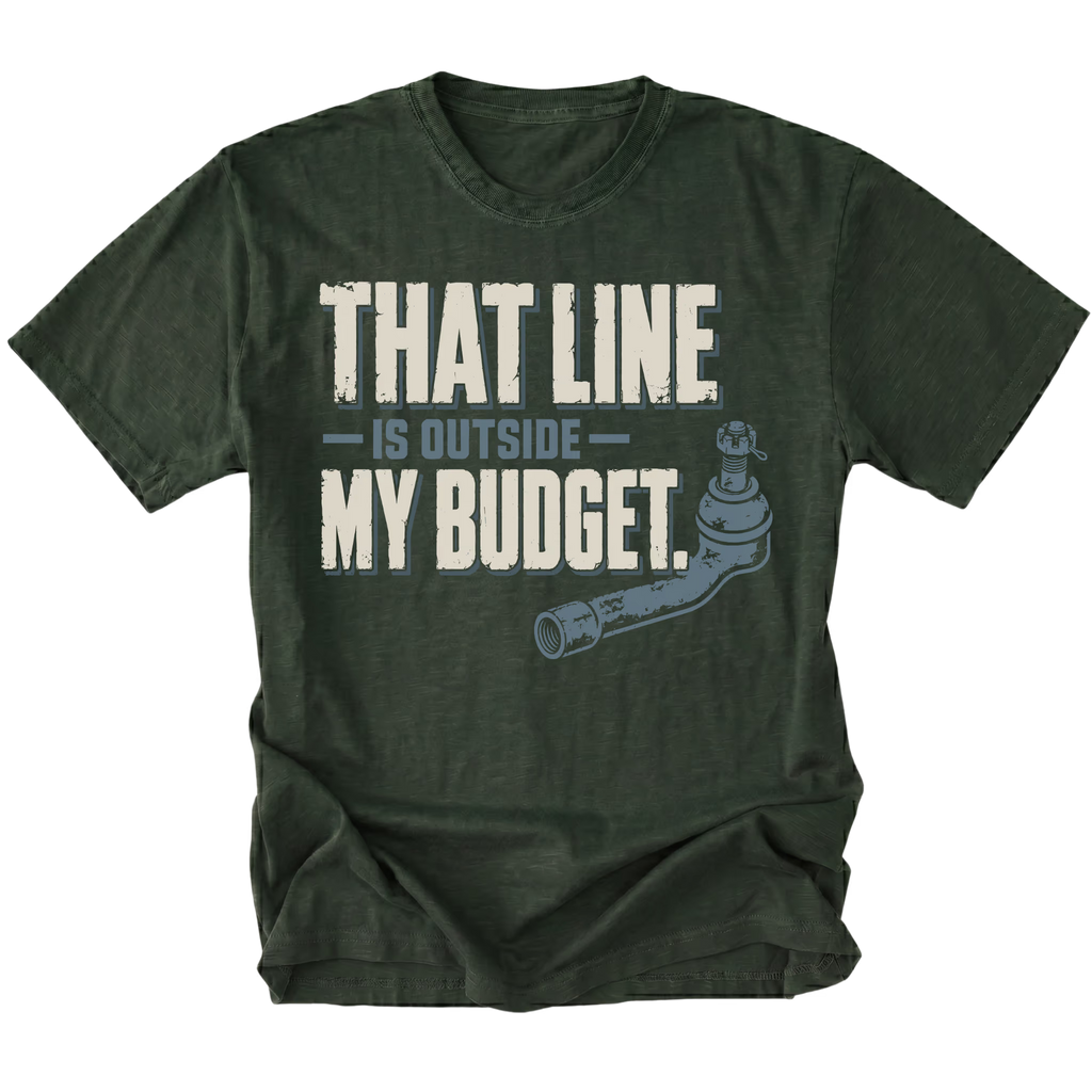 Moss T-shirt featuring the Budget Line tie rod design on the front by Trail Snark.