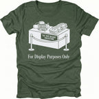 Moss t-shirt featuring a display stand graphic labeled the just in case collection with off-road gear and for display purposes only text shown from the front.