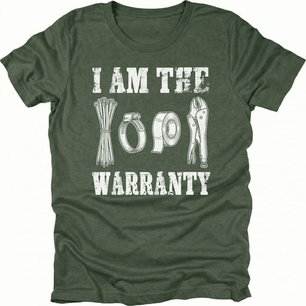 Moss t-shirt with text reading I Am The Warranty and illustrations of zip ties, duct tape, and vice grips.