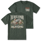 Two moss green t-shirts shown on a plain white background, displaying the front and back designs. The front features a small 'TRAIL TAX' logo on the left chest in off-white and muted red.