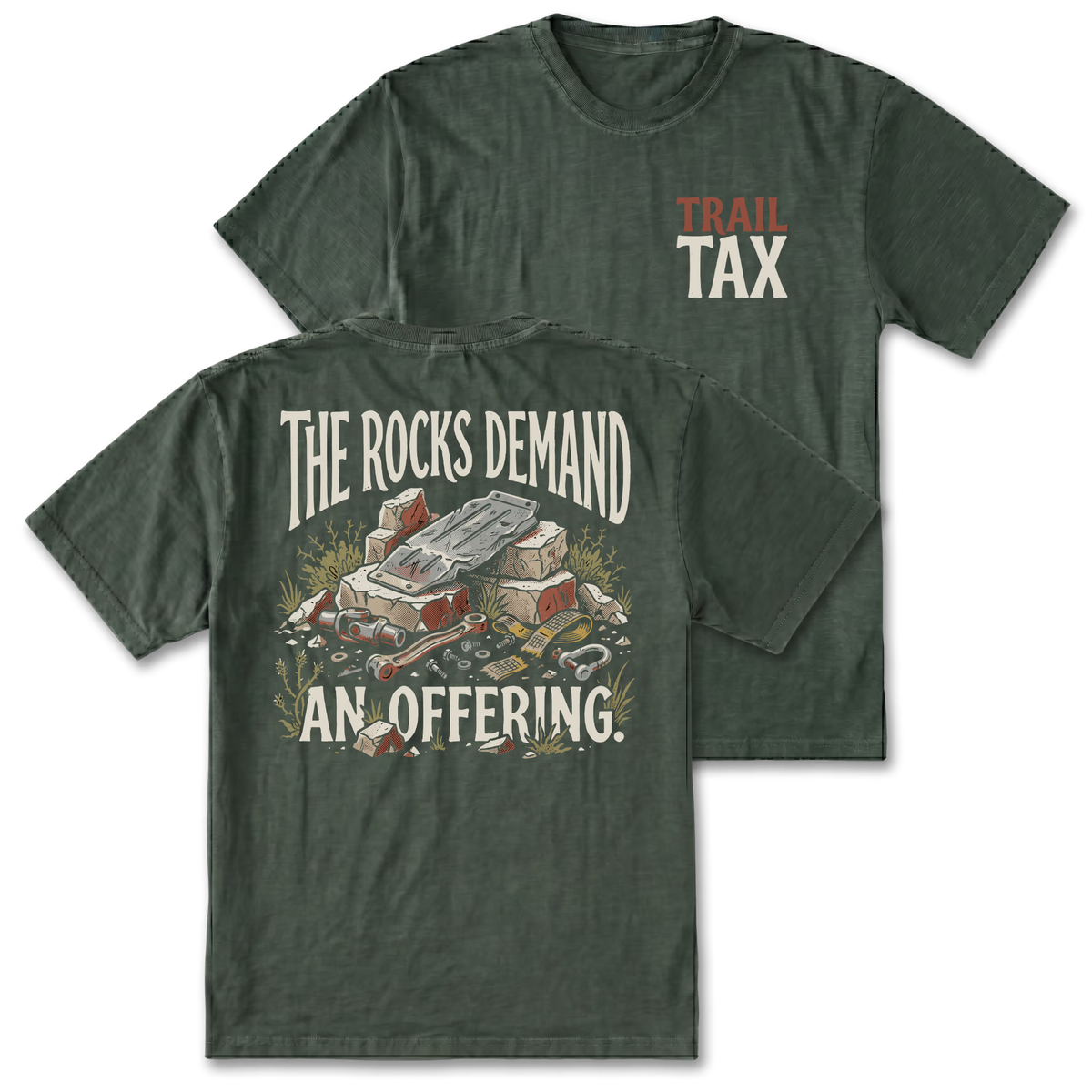 Two moss green t-shirts shown on a plain white background, displaying the front and back designs. The front features a small 'TRAIL TAX' logo on the left chest in off-white and muted red.