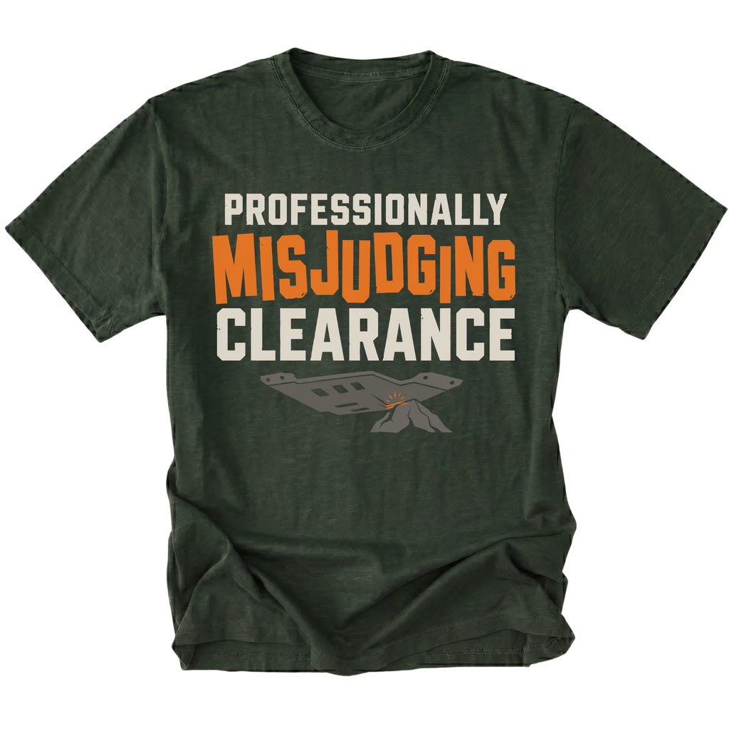 Moss T-shirt featuring the Misjudged Clearance design on the front by Trail Snark.