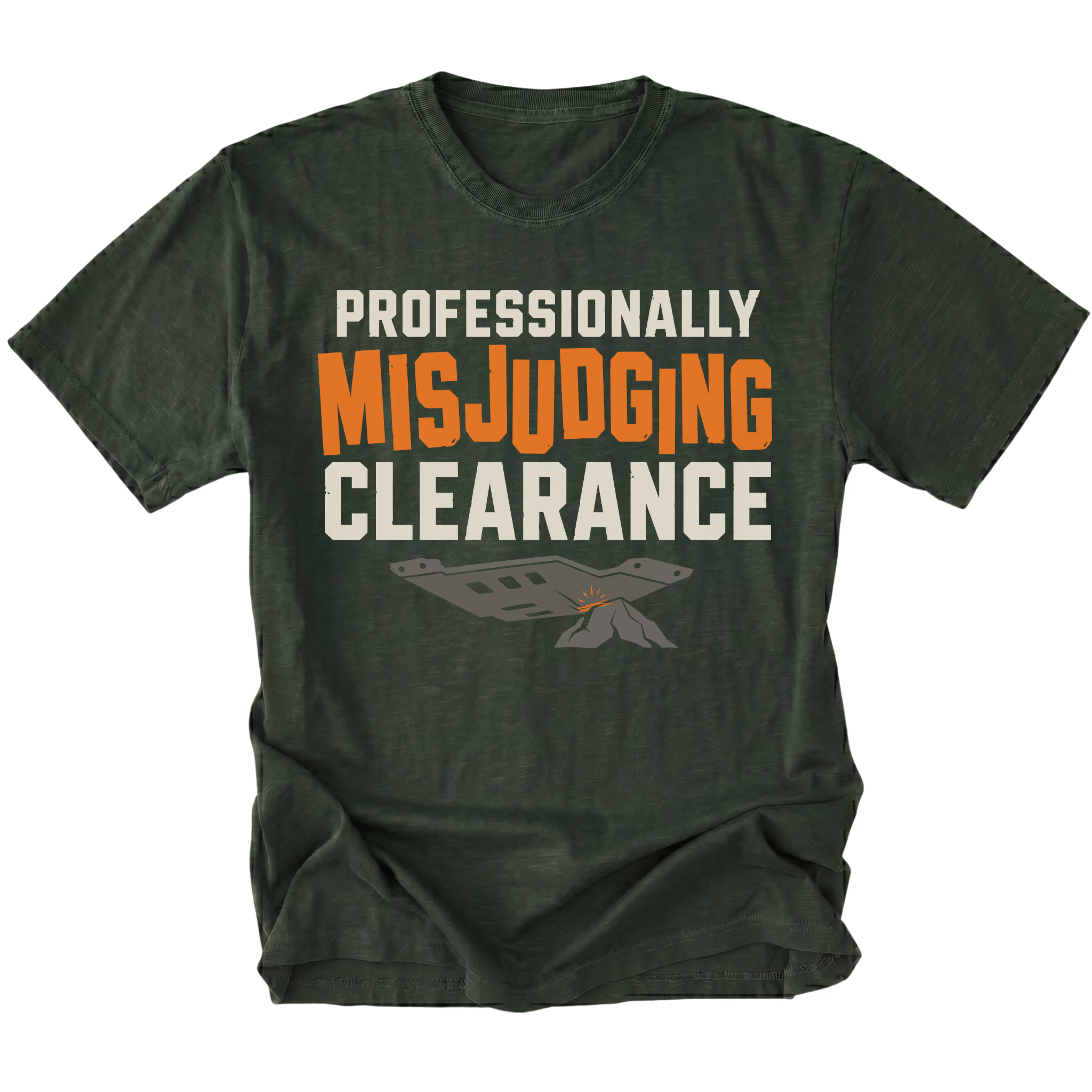 Moss T-shirt featuring the Misjudged Clearance design on the front by Trail Snark.