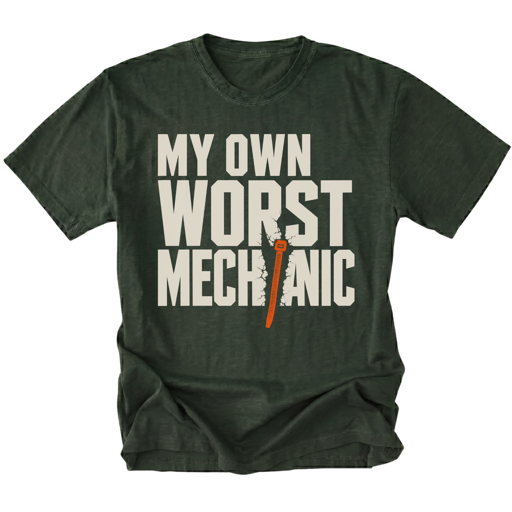 Moss T-Shirt featuring the My Own Worst Mechanic design on the front by Trail Snark.
