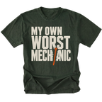 Moss T-Shirt featuring the My Own Worst Mechanic design on the front by Trail Snark.