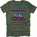 Moss t-shirt featuring pixel art off-road vehicle with error 404 skill not found text graphic shown from the front by Trail Snark.