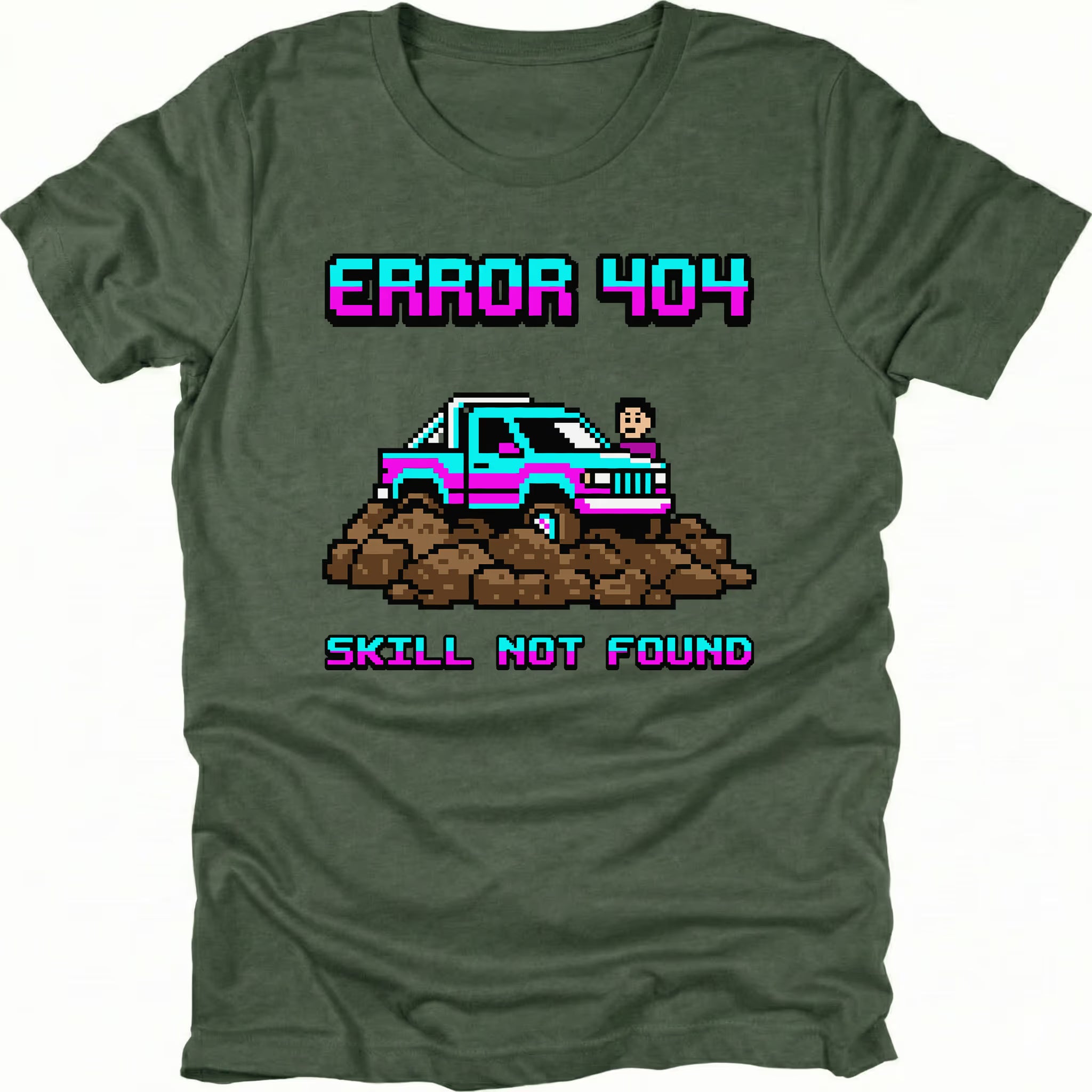 Moss t-shirt featuring pixel art off-road vehicle with error 404 skill not found text graphic shown from the front by Trail Snark.