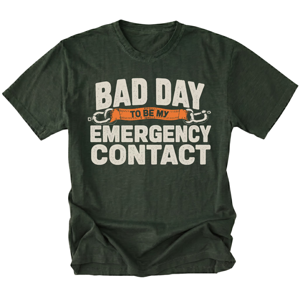 Moss t-shirt featuring the Emergency Contact design on the front by Trail Snark.