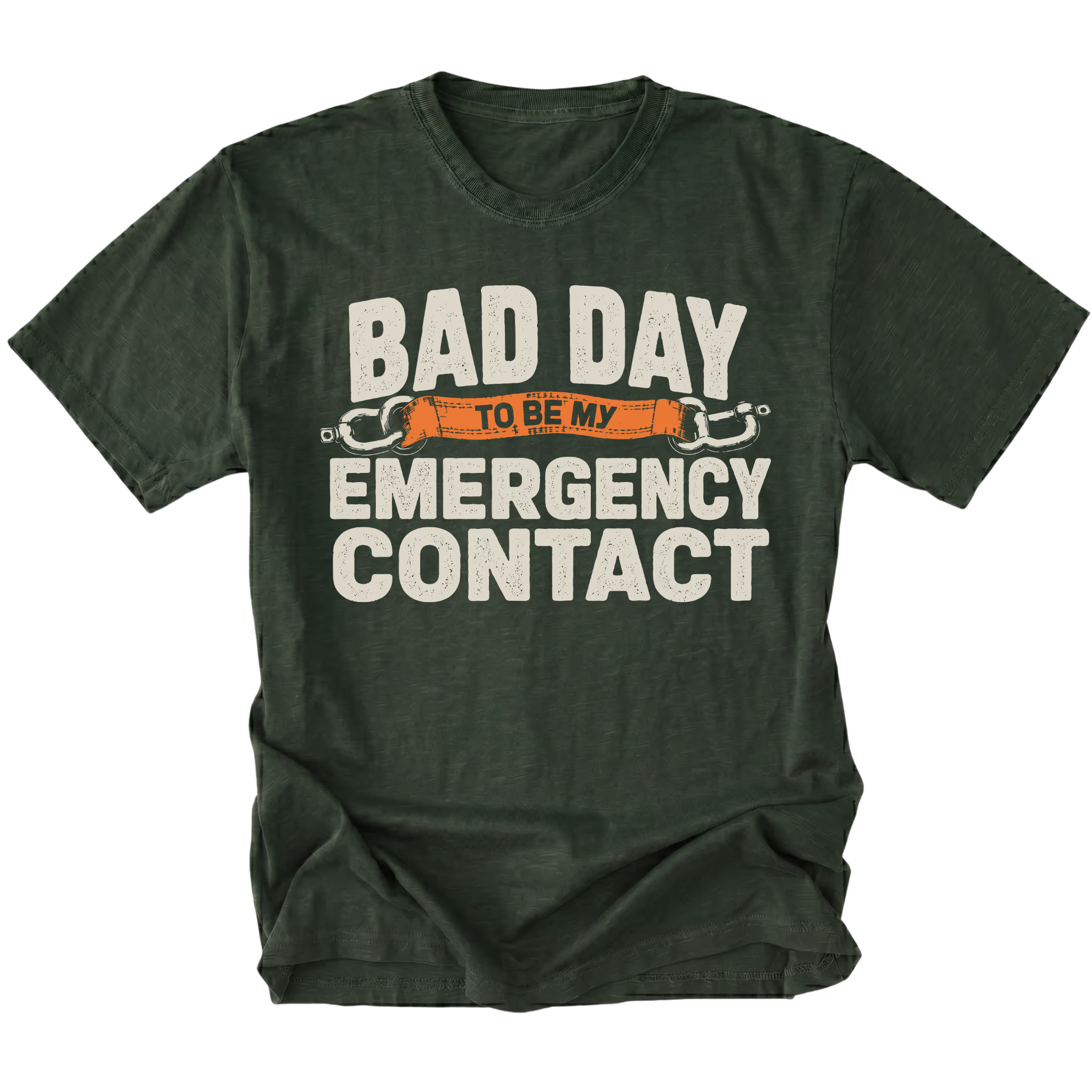 Moss t-shirt featuring the Emergency Contact design on the front by Trail Snark.