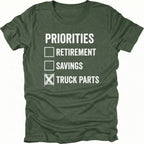 Moss T-Shirt with Priorities checklist design highlighting truck parts on front view by Trail Snark.