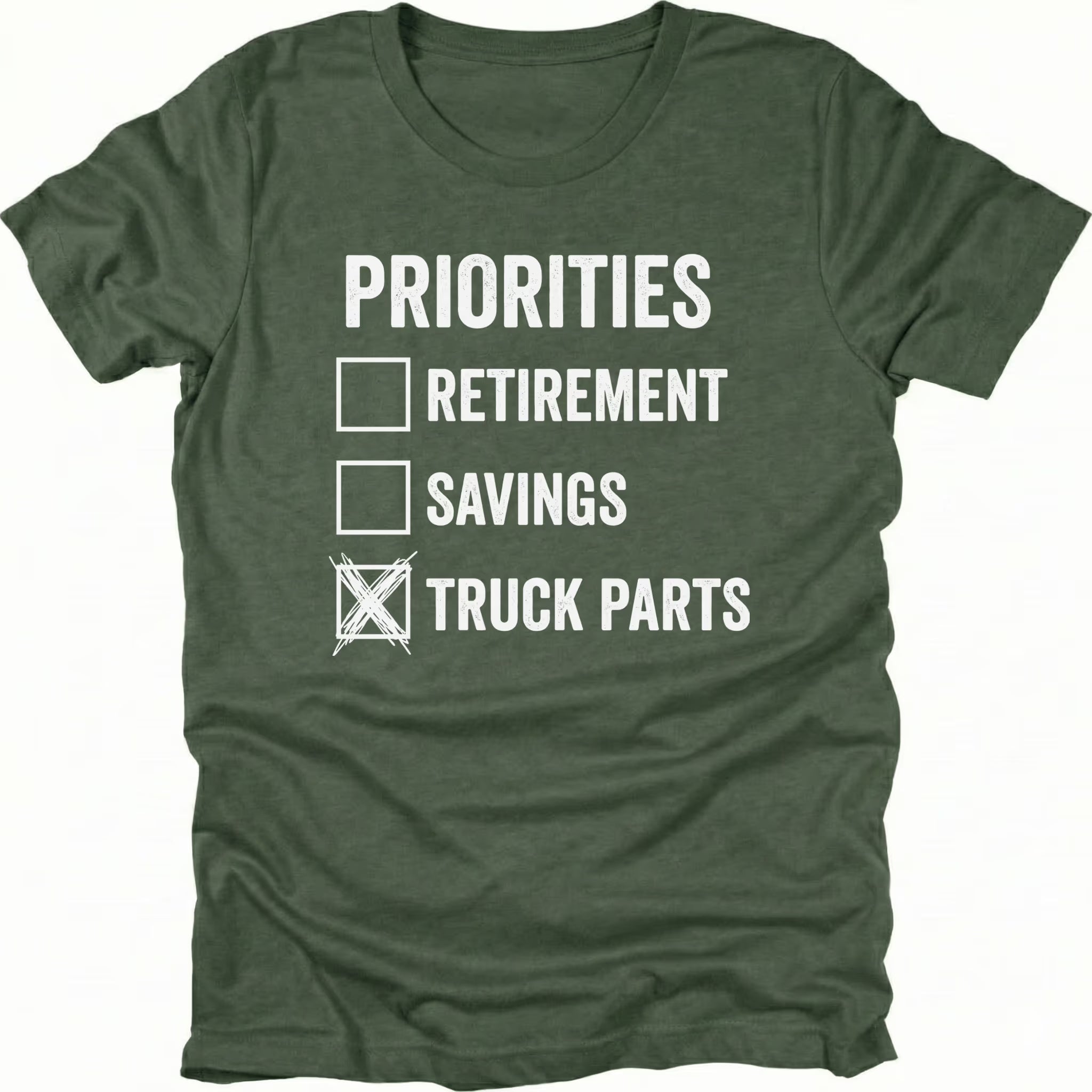 Moss T-Shirt with Priorities checklist design highlighting truck parts on front view by Trail Snark.