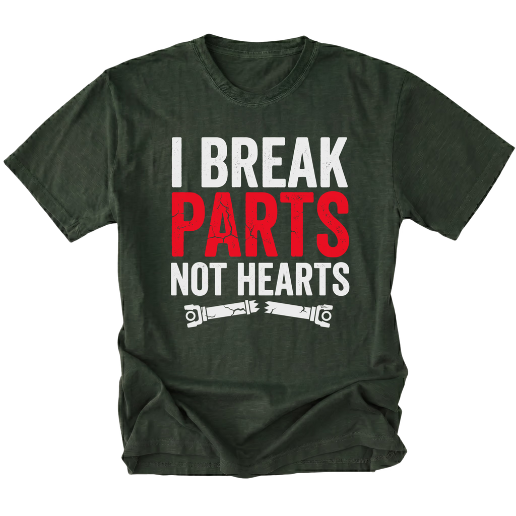 Moss T-Shirt featuring the I Break Parts Not Hearts design on the front view by Trail Snark.