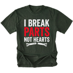 Moss T-Shirt featuring the I Break Parts Not Hearts design on the front view by Trail Snark.