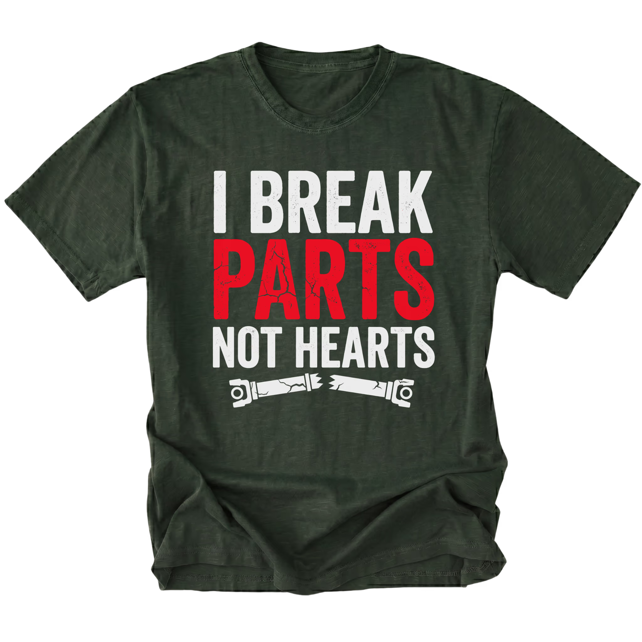 Moss T-Shirt featuring the I Break Parts Not Hearts design on the front view by Trail Snark.
