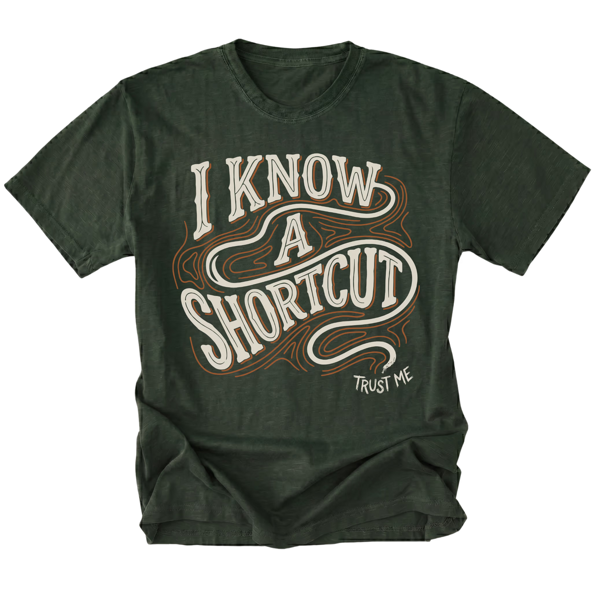 Moss T-shirt featuring the I Know a Shortcut design on the front by Trail Snark.