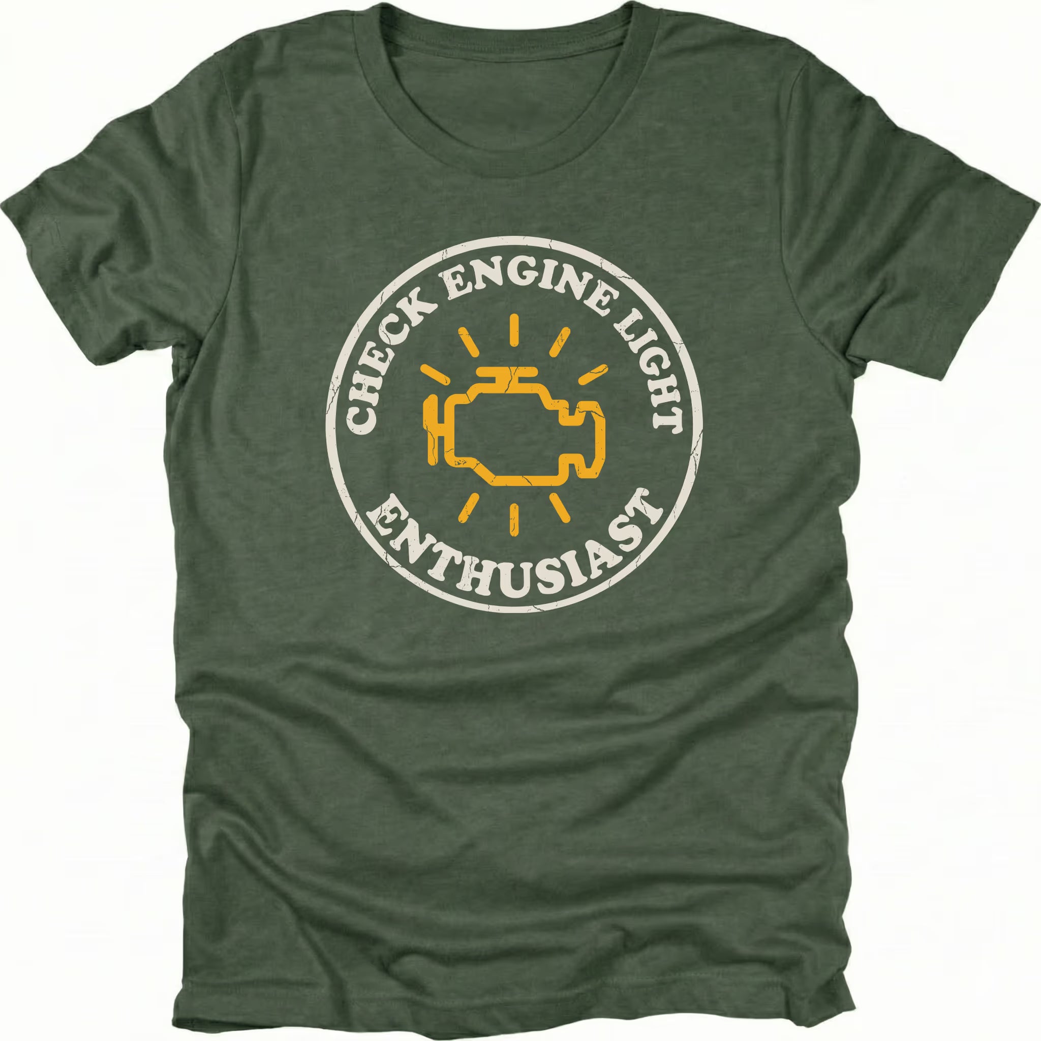 Moss t-shirt featuring check engine light enthusiast circular engine warning graphic shown from the front by Trail Snark.