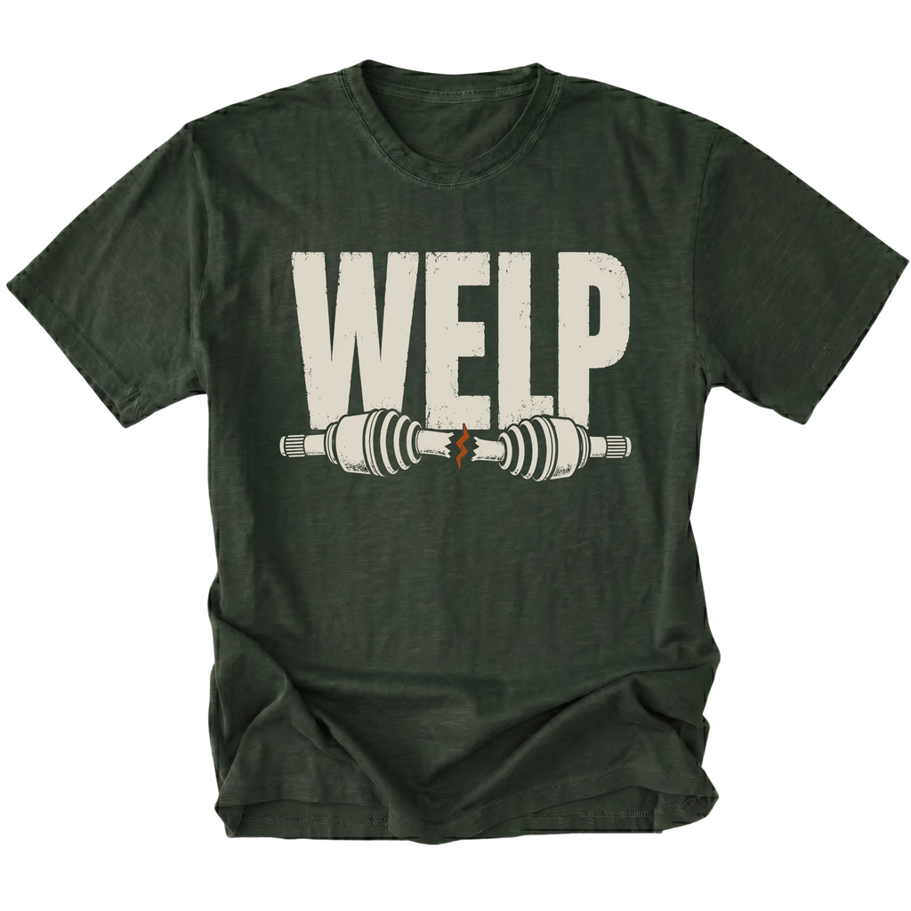 Moss T-shirt with Welp broken axle design shown from the front by Trail Snark.