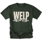 Moss T-shirt with Welp broken axle design shown from the front by Trail Snark.