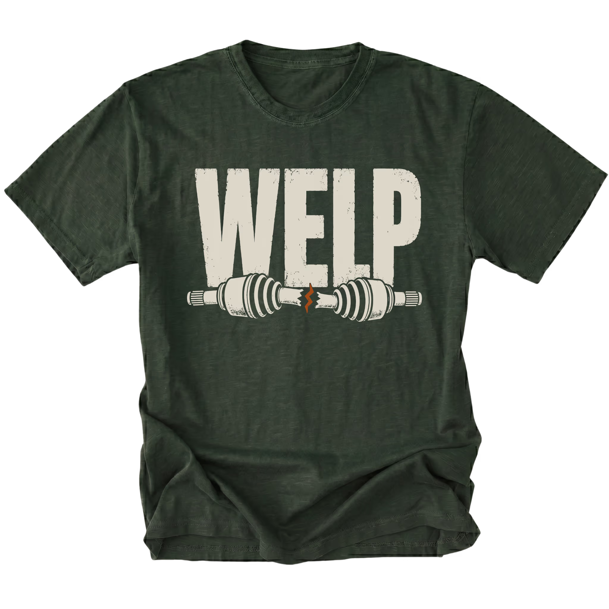 Moss T-shirt with Welp broken axle design shown from the front by Trail Snark.