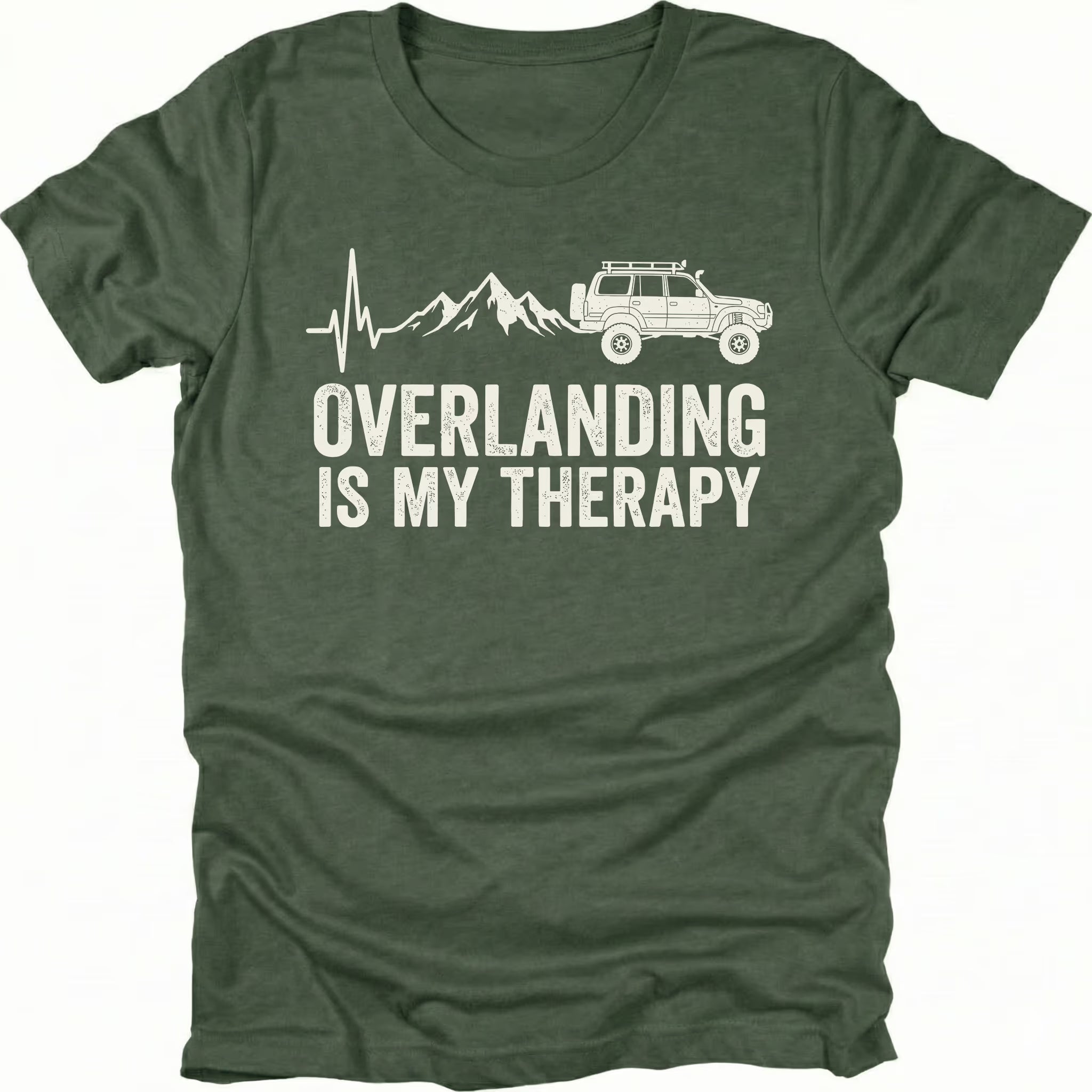 Moss T-Shirt with heartbeat line, mountains, and vehicle graphic reading “Overlanding Is My Therapy” shown on front view by Trail Snark.