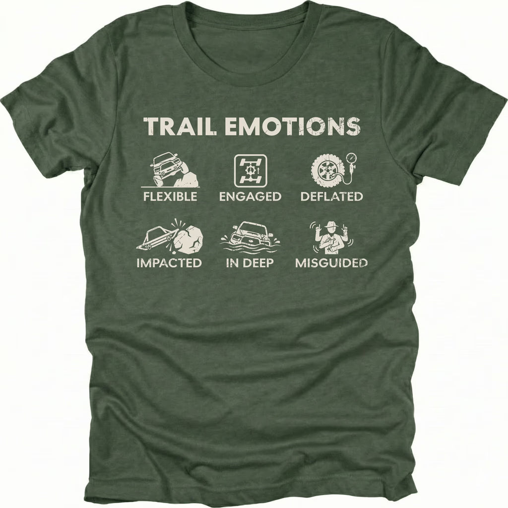Moss t-shirt featuring Trail Emotions icons including flexible, engaged, deflated, impacted, in deep, and misguided trail situations by Trail Snark.