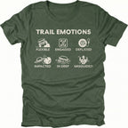 Moss t-shirt featuring Trail Emotions icons including flexible, engaged, deflated, impacted, in deep, and misguided trail situations by Trail Snark.