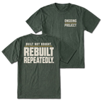 Moss T-Shirt with Ongoing Project front design and Built Not Bought Rebuilt Repeatedly back design shown by Trail Snark.