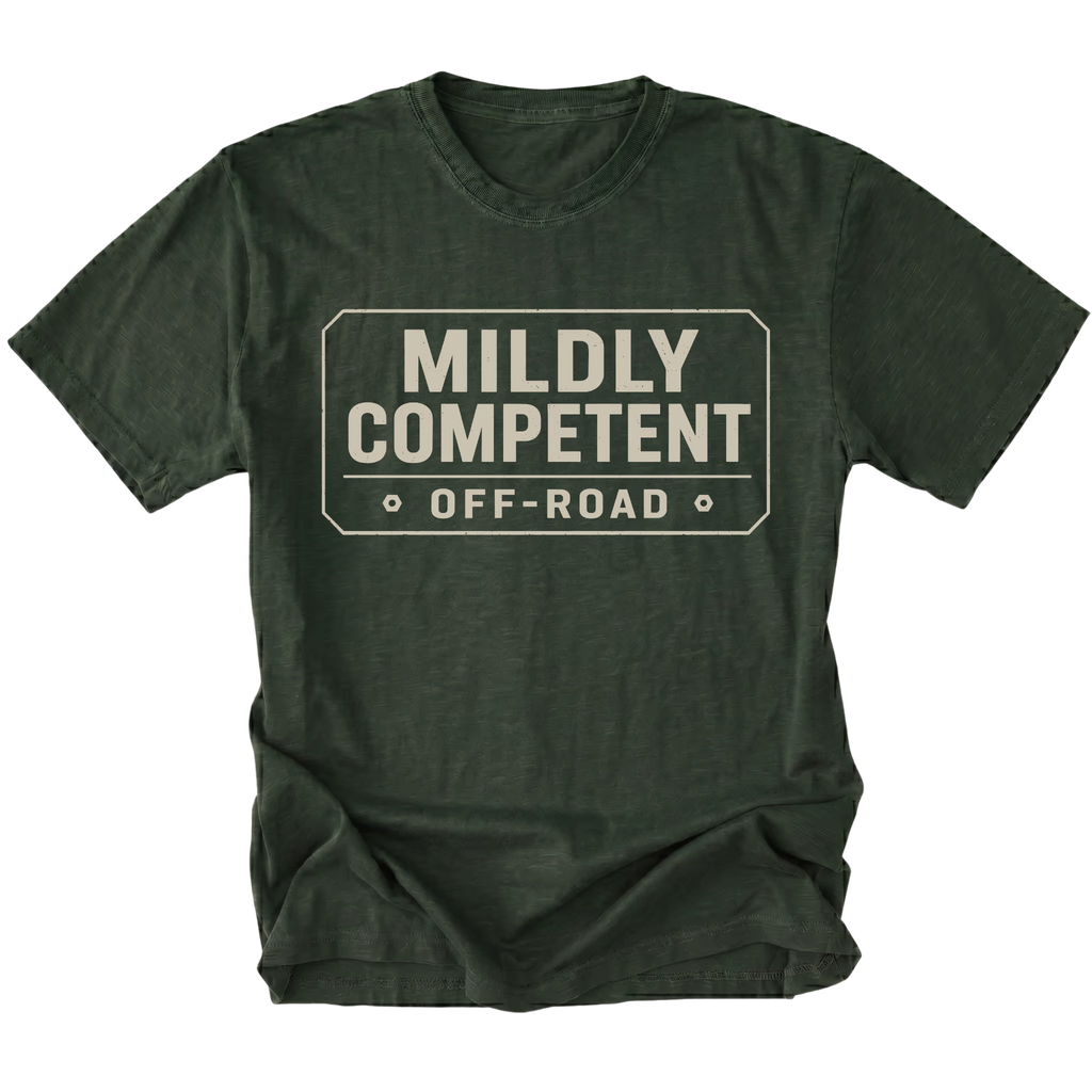 Moss T-shirt with a Mildly Competent Off-Road design shown from the front by Trail Snark.
