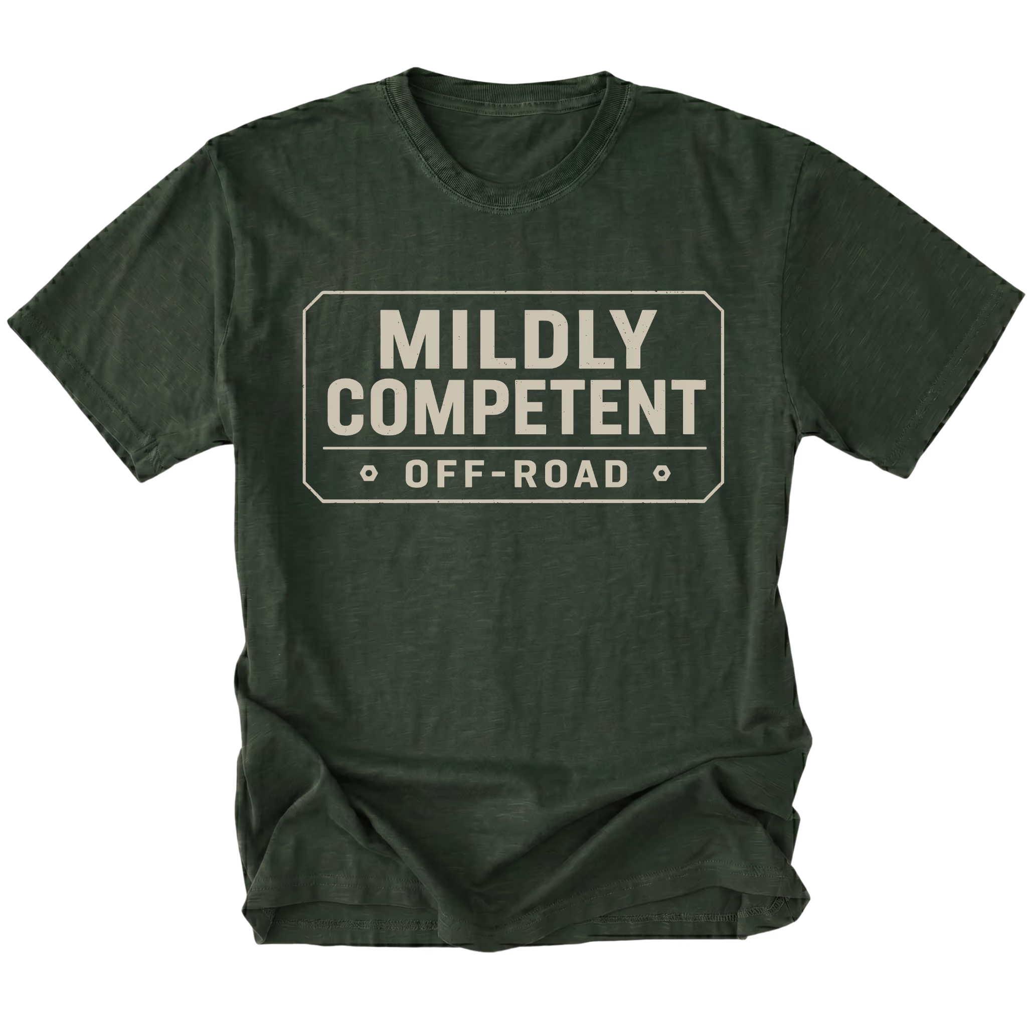 Moss T-shirt with a Mildly Competent Off-Road design shown from the front by Trail Snark.