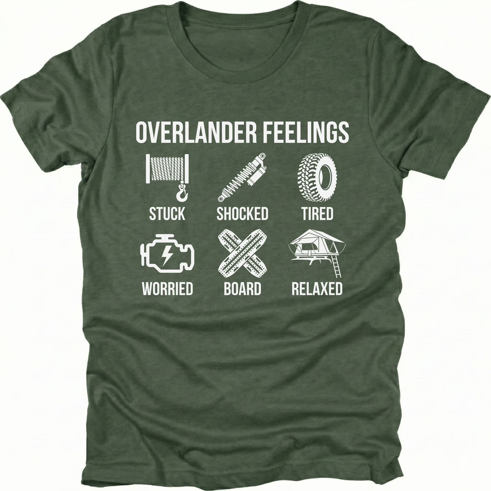 Moss T-Shirt with “Overlander Feelings” icons showing stuck, shocked, tired, worried, board, and relaxed on front view by Trail Snark.