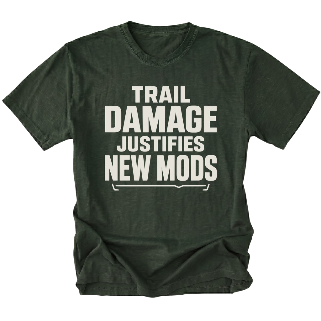 Moss T-Shirt featuring the Trail Damage Justifies New Mods design in front view by Trail Snark.