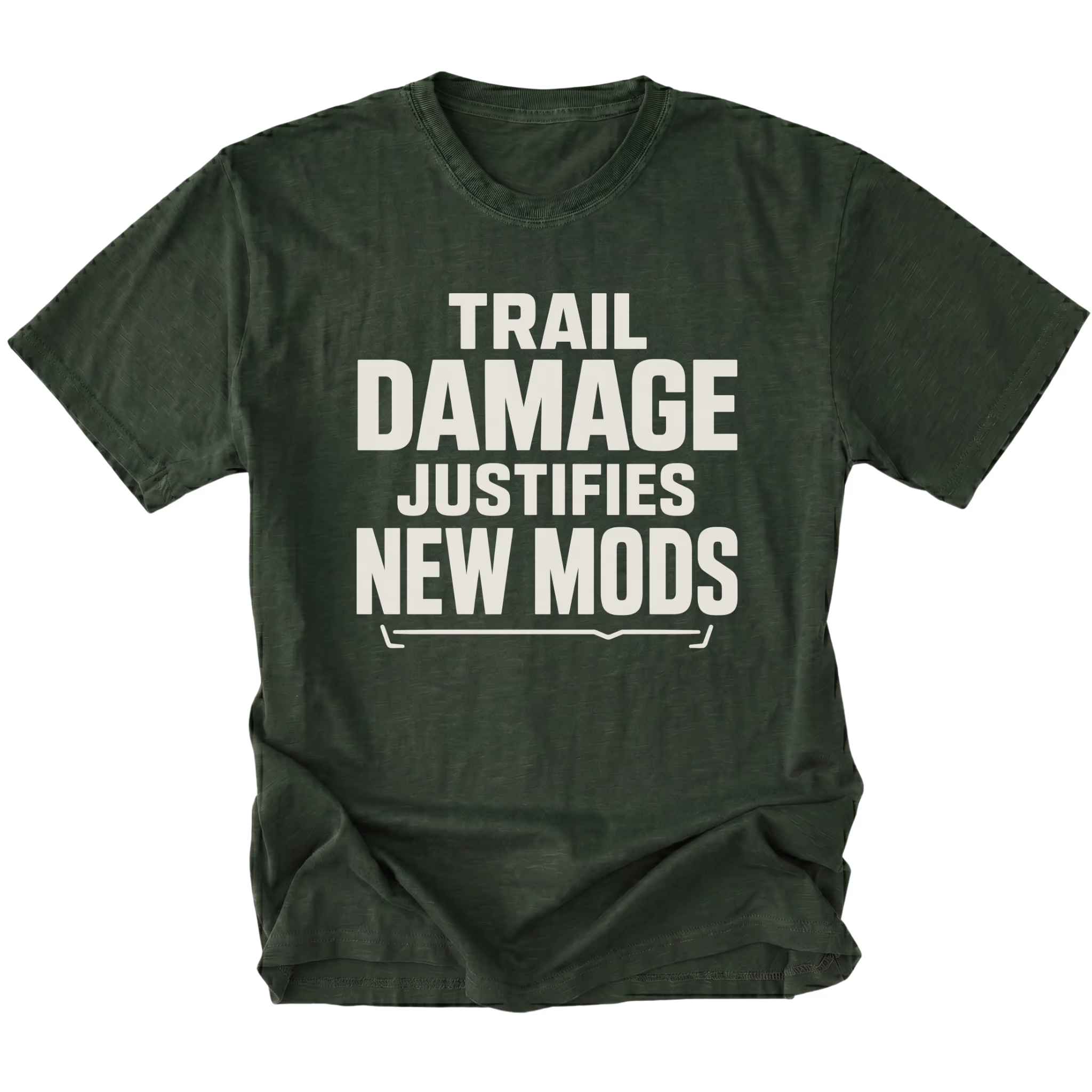Moss T-Shirt featuring the Trail Damage Justifies New Mods design in front view by Trail Snark.