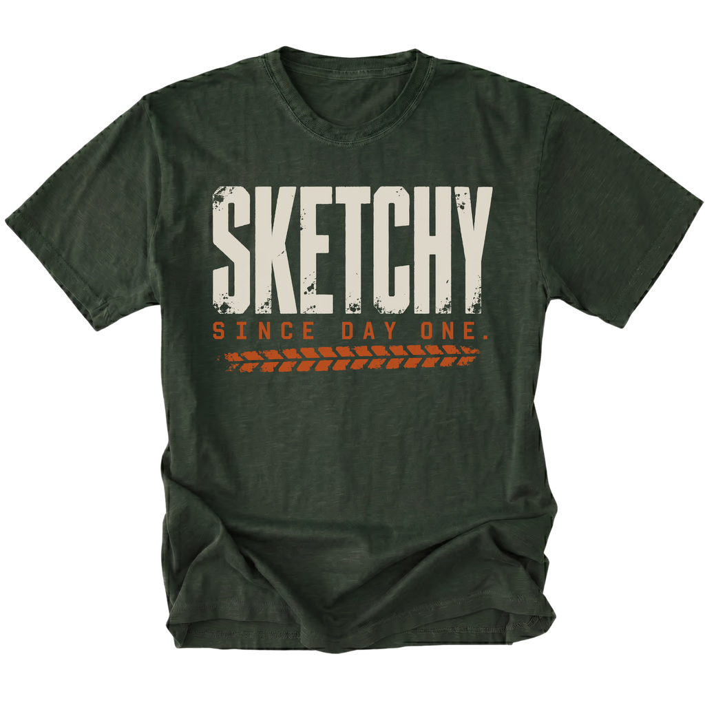 Moss T-shirt featuring the Sketchy Since Day One design on the front by Trail Snark.