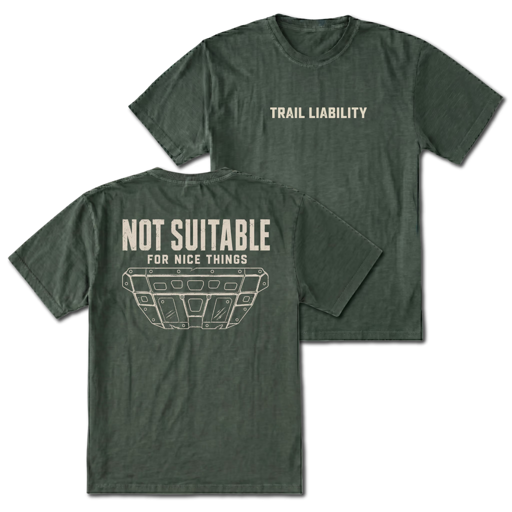 Moss T-shirt with a Not Suitable For Nice Things skid plate design shown from the back view by Trail Snark.