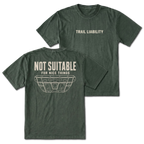 Moss T-shirt with a Not Suitable For Nice Things skid plate design shown from the back view by Trail Snark.