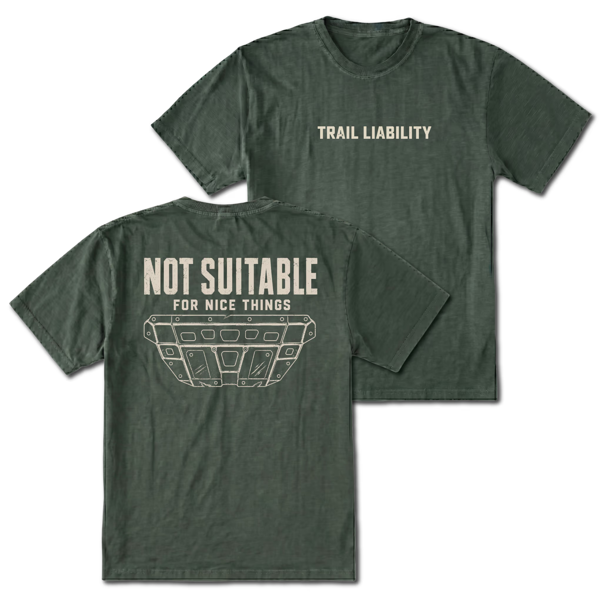 Moss T-shirt with a Not Suitable For Nice Things skid plate design shown from the back view by Trail Snark.