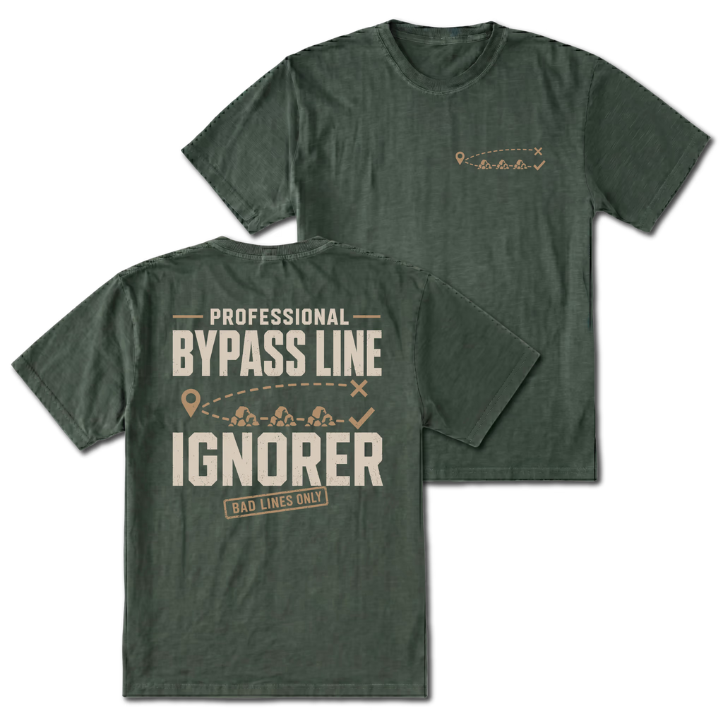 Moss T-shirt with Professional Bypass Route Ignorer back design and small trail route front chest print by Trail Snark.