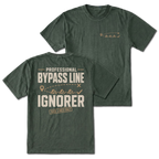 Moss T-shirt with Professional Bypass Route Ignorer back design and small trail route front chest print by Trail Snark.