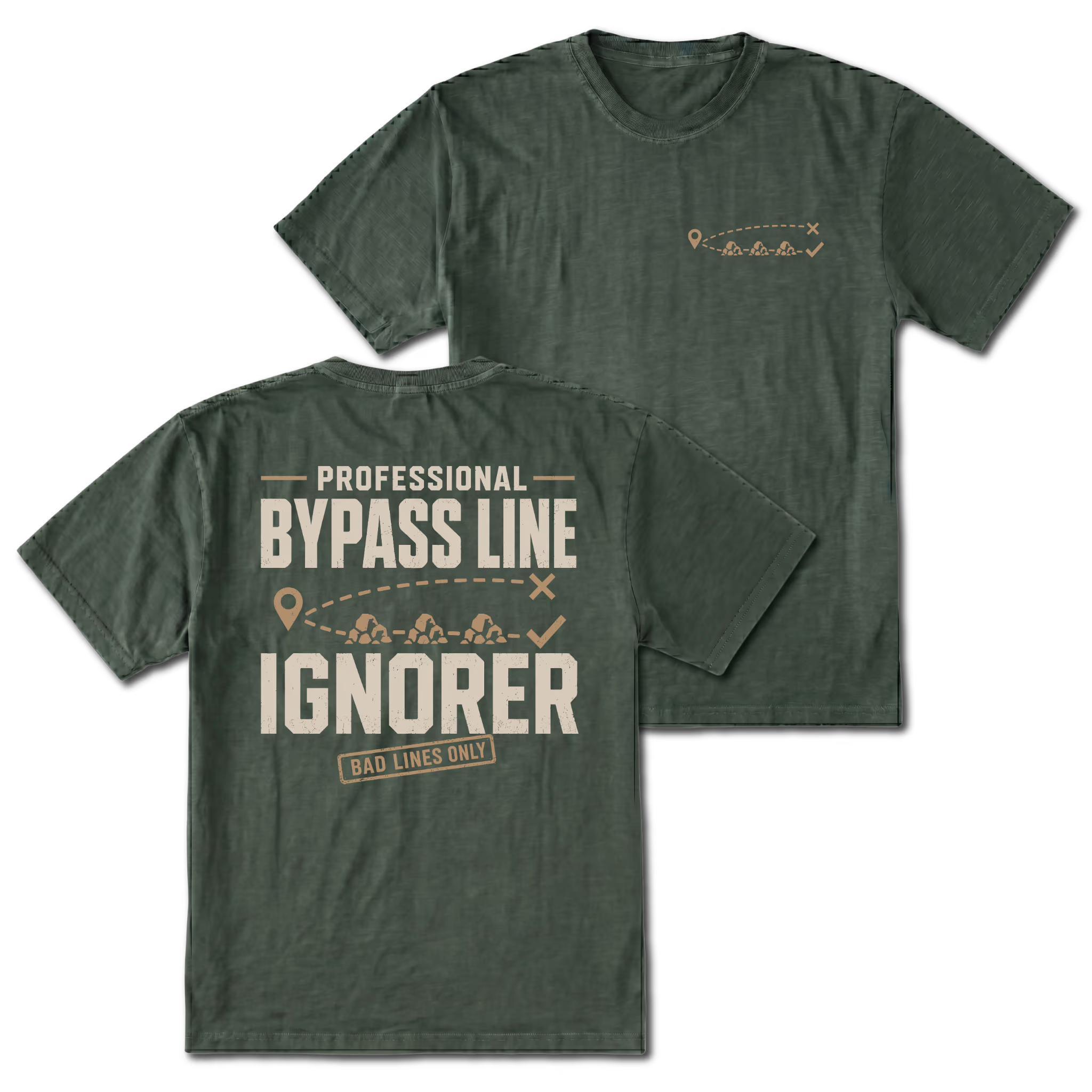 Moss T-shirt with Professional Bypass Route Ignorer back design and small trail route front chest print by Trail Snark.