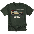 Moss t-shirt featuring a built off-road vehicle with daily driver sure text graphic shown from the front by Trail Snark.