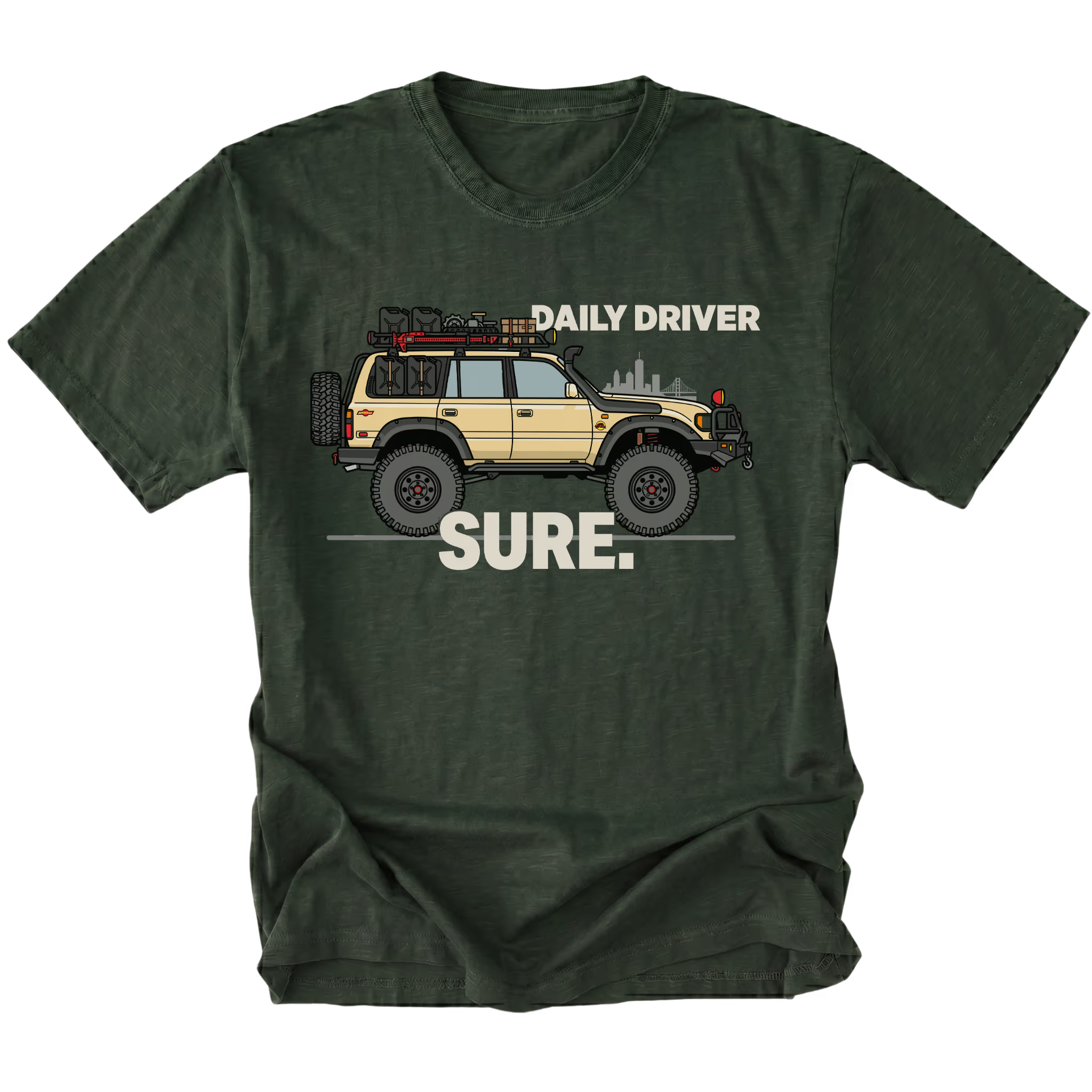 Moss t-shirt featuring a built off-road vehicle with daily driver sure text graphic shown from the front by Trail Snark.
