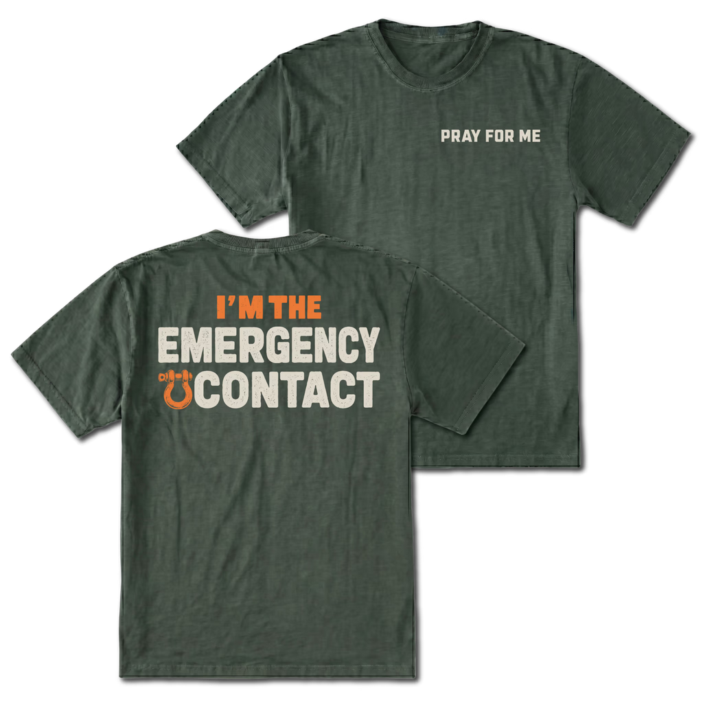 Moss T-shirt with Pray for Me on the front and the Emergency Contact design on the back by Trail Snark.