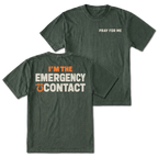 Moss T-shirt with Pray for Me on the front and the Emergency Contact design on the back by Trail Snark.