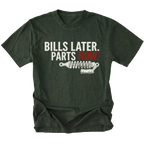 Moss t-shirt featuring Bills Later Parts Now design with suspension coilover graphic on front view by Trail Snark.